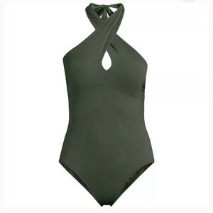 Lands' End Olive Green Halter One Piece Swimsuit